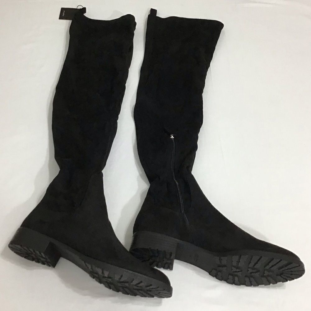 ZARA Black Faux Suede Fur Lined Low Heel Over The Knee Boot Size 40